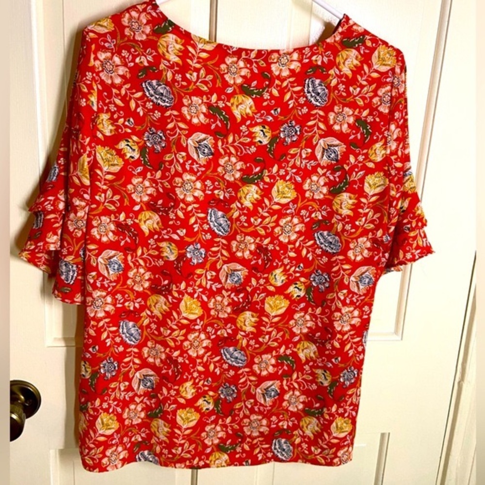 LOFT Floral Multicolor V-Neck Top Ruffled Flutter Sleeves Women’s Sz Small - Picture 4 of 6